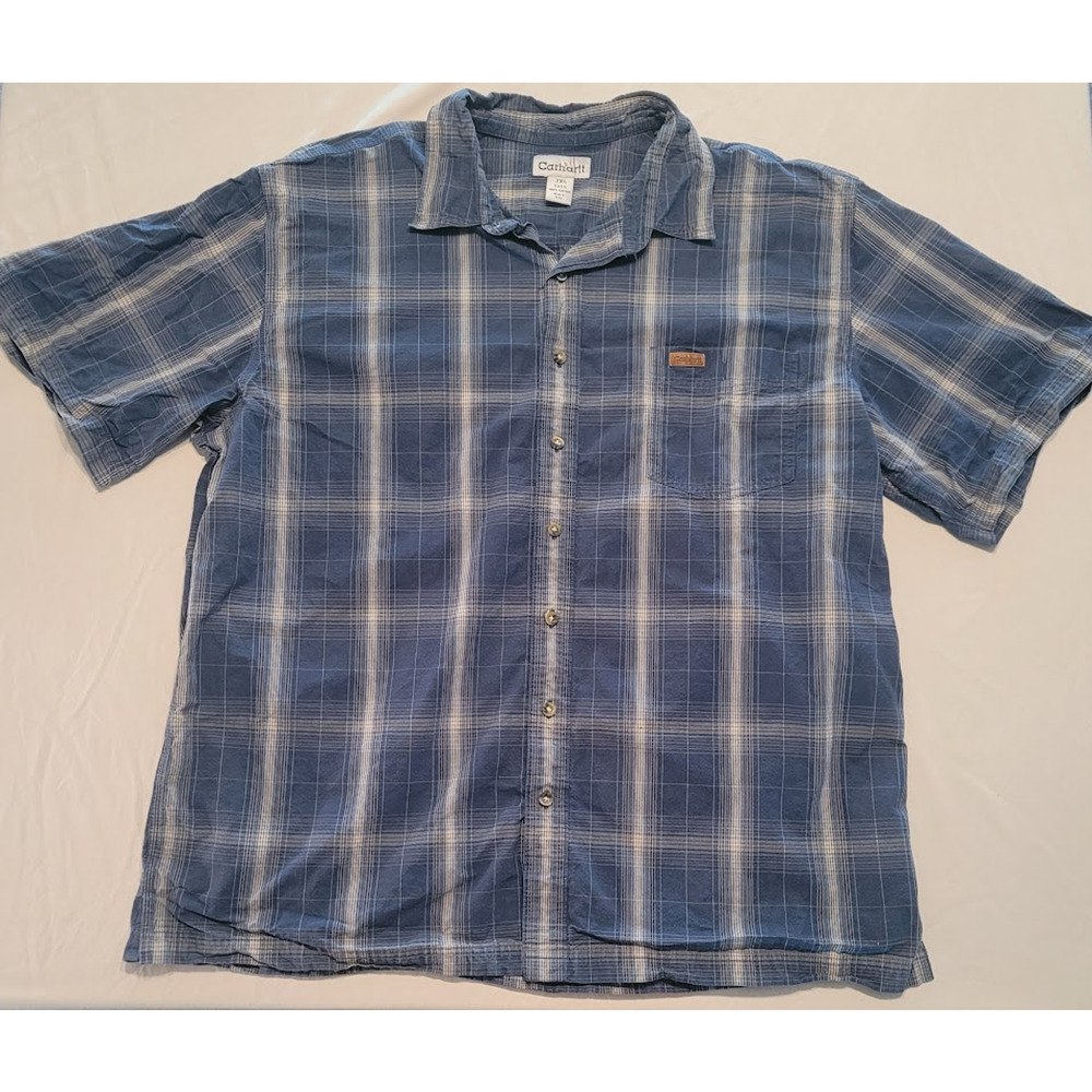 Carhartt Men’s Button-Up Short Sleeve Plaid Shirt 2XL Tall Blue Cotton Workwear